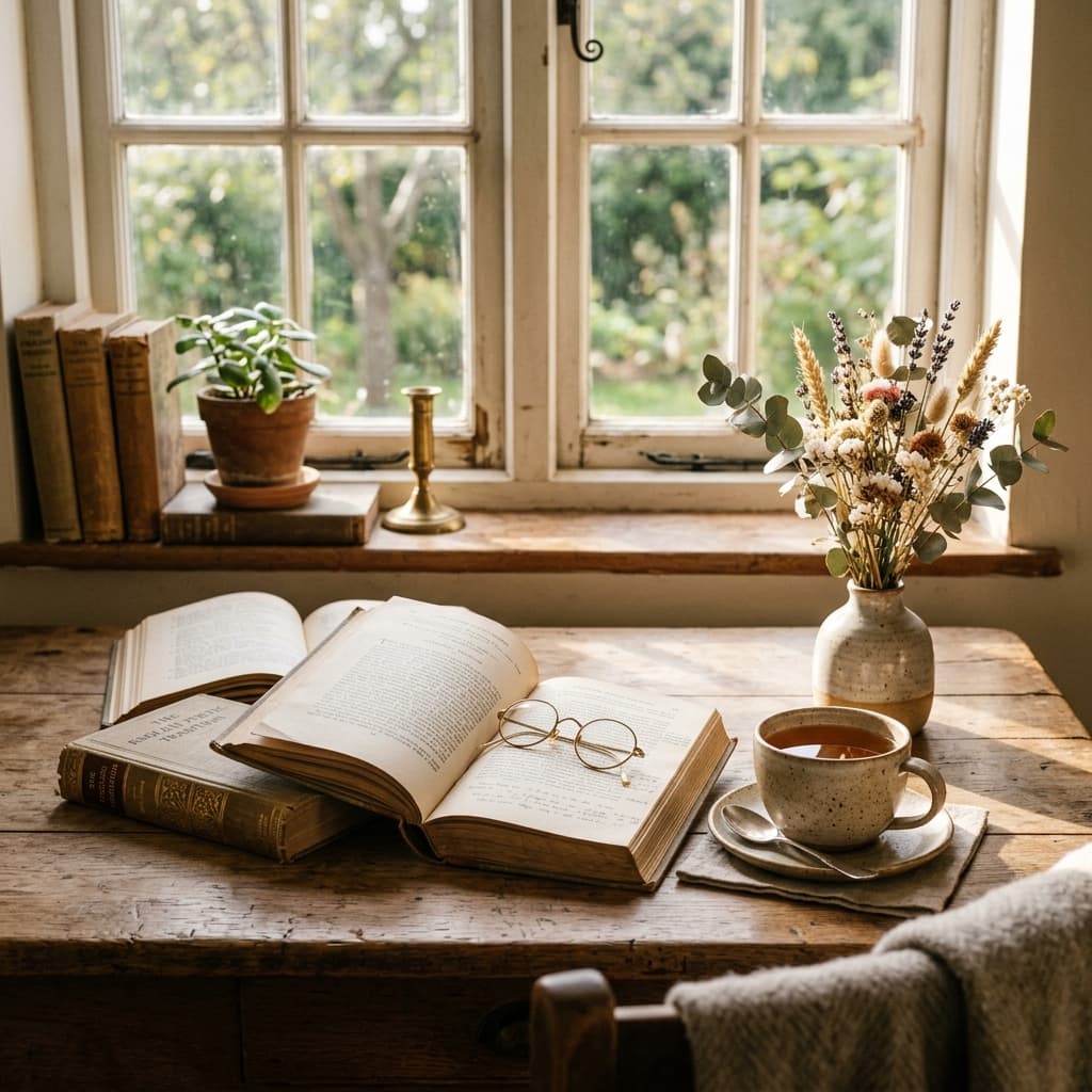 Vintage books open on a wooden table, teacup, and dried flowers in front of a window with warm morning light