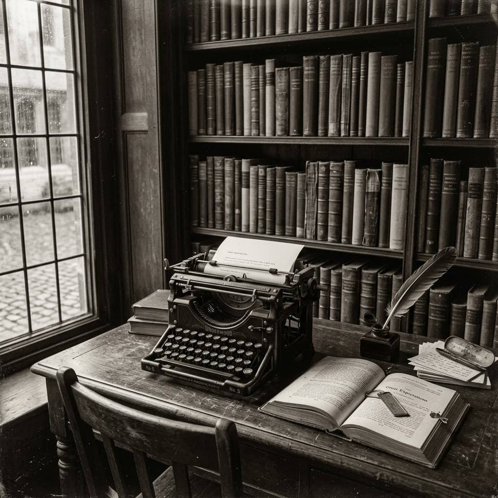 Vintage writing desk with a typewriter, quill and inkwell, open books, and a background bookshelf